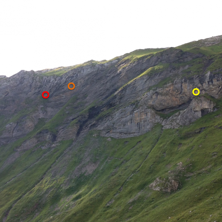 Erfundene Flurnamen: Jo’s Diner (roter Kreis), roter Fleck (oranger Kreis) und rechter Balkon (gelber Kreis)
