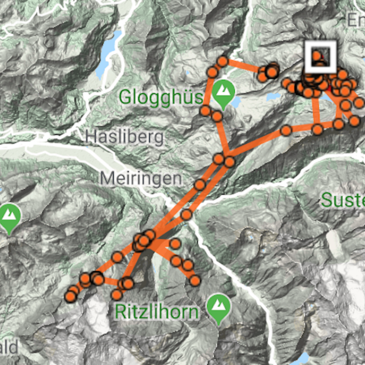 GPS-Daten von Fredueli (weisses Viereck entspricht der letzten Position)