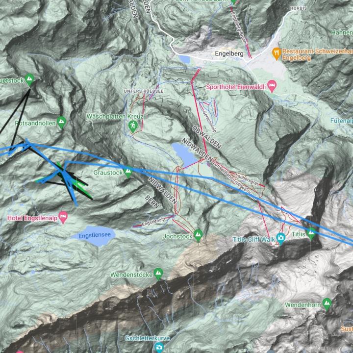  Karte der GPS-Daten von Gaia (schwarz), Paradiso (blau) und Aurora (grün) vom 30. und 31. Juli.