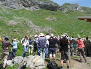 Besucher des Informations-Standes suchen nach Bartgeier