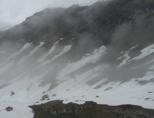 Infostand und Bartgeier-Nische im Nebel