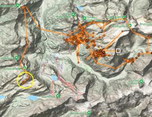 GPS Positionen von Fredueli: der gelbe Kreis zeigt den Henglihang wo Fredueli am Freitag noch war, das weisse Viereck ist die letzte Position von heute 16 Uhr. 