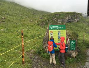 Junge Besucherinnen lernen viel Spannendes über Bartgeier am Infostand im Hengliboden